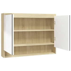 Szafka łazienkowa z lustrem, 80x15x60 cm, MDF, biel i dąb