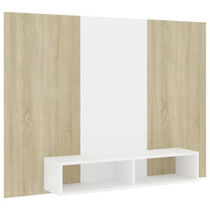 Wisząca szafka pod TV, biel i dąb sonoma, 135 x 23,5 x 90 cm