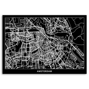 Obraz na płótnie, Amsterdam - plan miasta, 1-częściowy 100x70 CZARNO BIAŁY