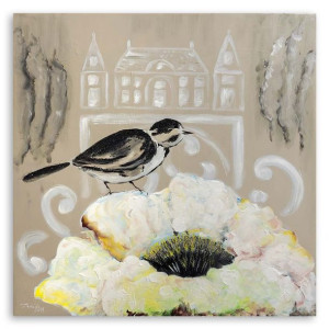 AKWARELA Obraz na korytaż, Biały kwiat czarny ptak, 30x30 beżowy