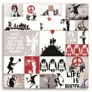 Obraz na płótnie, Mural Banksy - zbiór prac Street Art, 1-częściowy 40x40