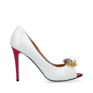 Czółenka peep toe białe z obcasem fuksja 37