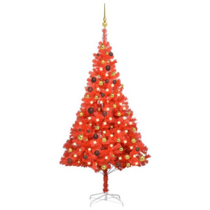 Sztuczna choinka z LED i bombkami, czerwona, 180 cm, PVC