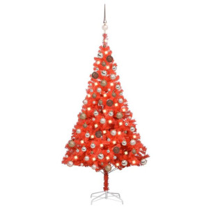 Sztuczna choinka z LED i bombkami, czerwona, 180 cm, PVC