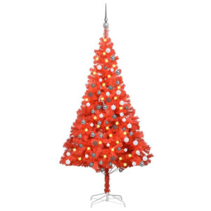 Sztuczna choinka z LED i bombkami, czerwona, 180 cm, PVC