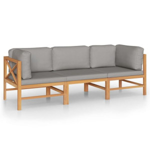 3-os. sofa ogrodowa z szarymi poduszkami, lite drewno tekowe