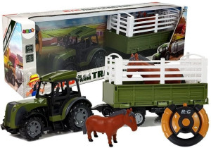 Zielony Traktor z Wysoką Przyczepą  Figurka Konia Zdalnie Sterowany 2.4G
