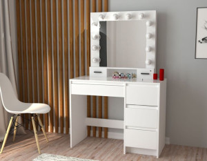 Toaletka Kosmetyczna Z Lustrem Biała + Taboret 12 Led Julia