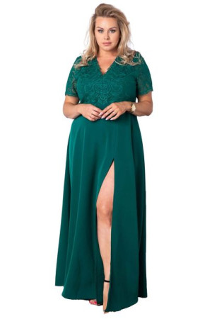 Sukienka MELANIA long koronka rozc zielona 38 WYSZCZUPLAJĄCA