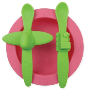 Oogaa Pink Rose Meal Set Silikonowy Talerzyk I 2 Łyżeczki