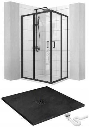 Kabina Vito Czarna 90x90 + Brodzik Czarny Kamień