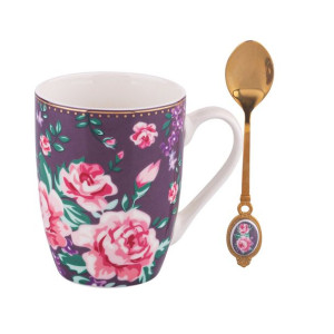 Kubek do kawy i herbaty porcelanowy z łyżeczką Charlotta 300 ml fioletowy