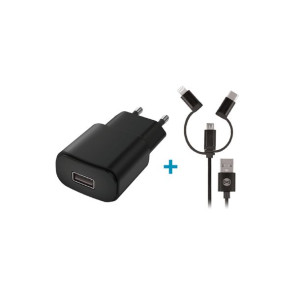 Ładowarka Sieciowa TC-01 USB 2A czarna+ 3in1 kabel nylon (microUSB + Lightn