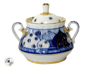 Cukiernica porcelanowa kobaltowe cerkwie, malowane złotem Łomonosow