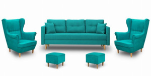 Zestaw Wypoczynkowy Skandynawski Turkusowy Sofa + 2 Fotele z Podnóżkami