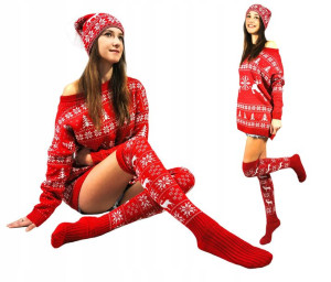 Komplet Świąteczny Sweter Over Podkolanówki Czapka