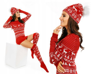 Komplet Świąteczny Sweter Podkolanówki Czapka