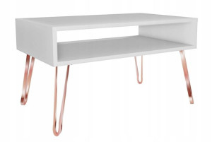 Stolik kawowy biały GLAMOUR nogi różowe złoto 90x60cm LOFT