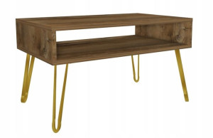 Stolik kawowy drewno retro GLAMOUR nogi złote 90x60cm LOFT