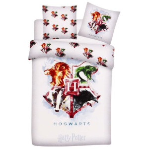 Biały komplet pościeli z herbem Hogwartu 140x200 cm HARRY POTTER, certyfika