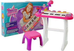 Keyboard ze Statywem Krzesełko Mikrofon Dźwięk Światła Różowy