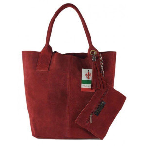 Miękki zamszowy worek -Włoski shopper Vera Pelle , Bordowy W567R3