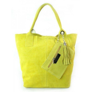 Zamsz Naturalny Włoska Torba Xl A4 Shopper Bag Skórzana Żółta W567gl