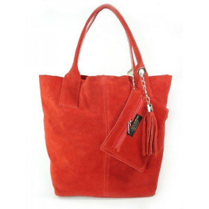 Zamsz Naturalny Włoska Torba Xl A4 Shopper Bag Skórzana Czerwona W567r
