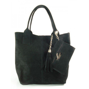 Zamsz Naturalny Włoska Torba Xl A4 Shopper Bag Skórzana Czarna W567n