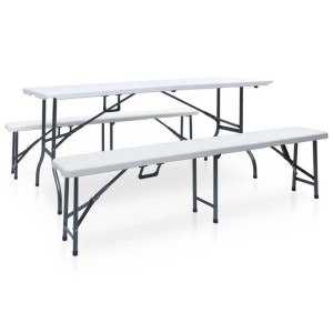 Składany stół ogrodowy z 2 ławkami, 180 cm, stal i HDPE, biały
