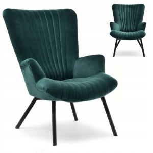 Fotel Do Salonu Klasyczny Lanza Zielony Velvet - Metalowe Czarne Nogi