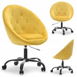 Designerski Fotel Pikowany Do Biurka Lounge 4 Żółty Welur - Czarny