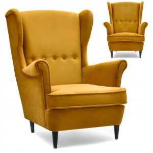 Designerski Fotel Do Czytania Uszak Malmo Miodowy - Czarny Z Guzikami