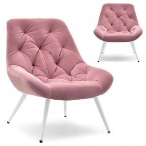 Designerski Fotel Uszak Z Pikowaniem Costa Różowy Z Białymi Nogami