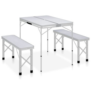 Składany stolik turystyczny z 2 ławkami, aluminium, biały