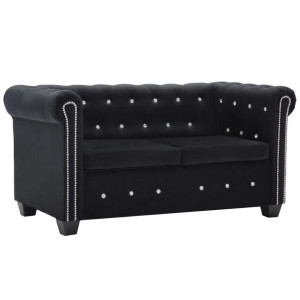 Sofa Chesterfield, 2-os., obita aksamitem, 146x75x72 cm, czarna
