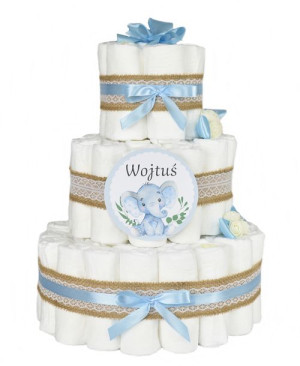 DUŻY tort z pampersów dla chłopca BOHO z pieluch pieluszek r.3 CHRZEST Św.