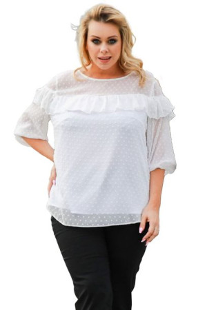 Bluzka CARMEN falb szyf kropki biała 54 PLUS SIZE