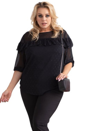 Bluzka CARMEN falb szyf kropki czarna 54 PLUS SIZE