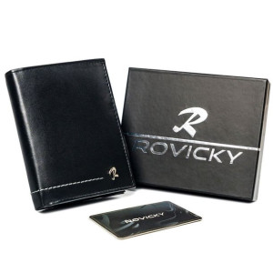 Pionowy, skórzany portfel męski z ozdobnym przeszyciem — Rovicky