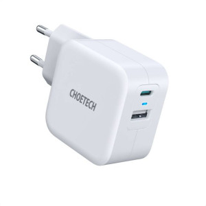 Choetech szybka ładowarka sieciowa QC PD 38W 5A USB Typ C + USB-A biały (PD