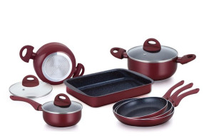 Herzberg HG-9016BR: 10-częściowy zestaw naczyń pokrytych marmurem - burgund
