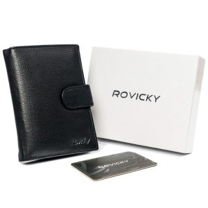 Pionowy, czarny portfel męski ze skóry naturalnej, ochrona RFID — Rovicky