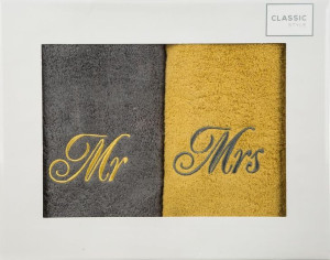 Komplet Ręczników Mr Mrs 2 Szt. 70x140 Cm Stalowy