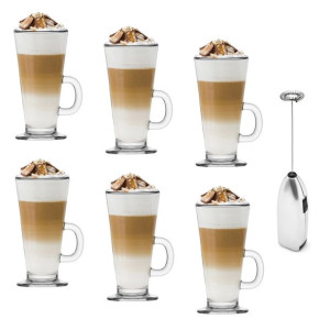 Zestaw 6 szklanek Tadar Caffee Latte 250 ml i elektryczny spieniacz do mlek