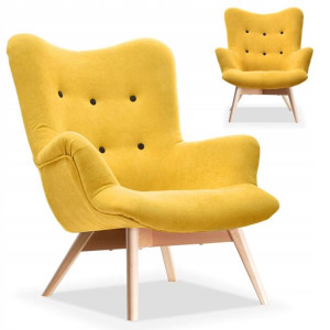 Designerski Fotel Skandynawski Uszak Na Drewnianych Nogach Flori Żółty