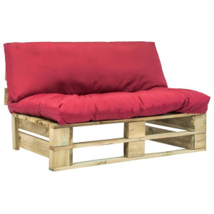 Sofa ogrodowa z palet z czerwonymi poduszkami, drewno