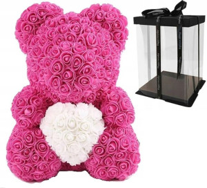 Różowy Miś Z Róż Z Białym Sercem - 40 Cm + Box Prezentowy Ze Wstążką