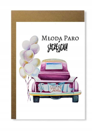 Kartka ślubna w stylu retro ze starym samochodem