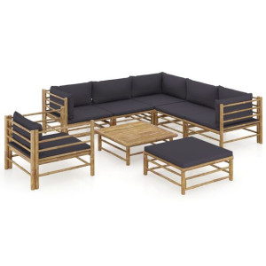 8-cz. zestaw mebli do ogrodu, ciemnoszare poduszki, bambus